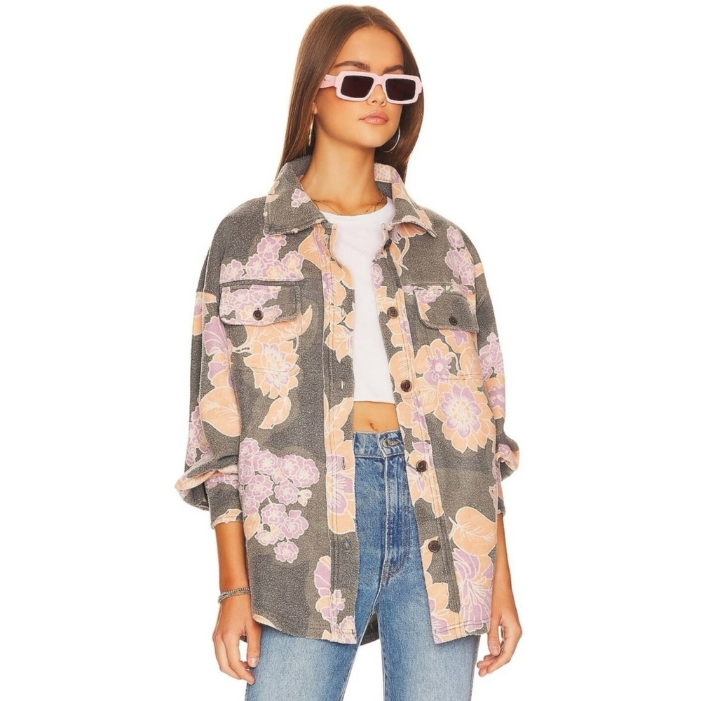 Free People Ruby Jacket Long Sleeve Overized Floral Size Small In Charcoal Combo